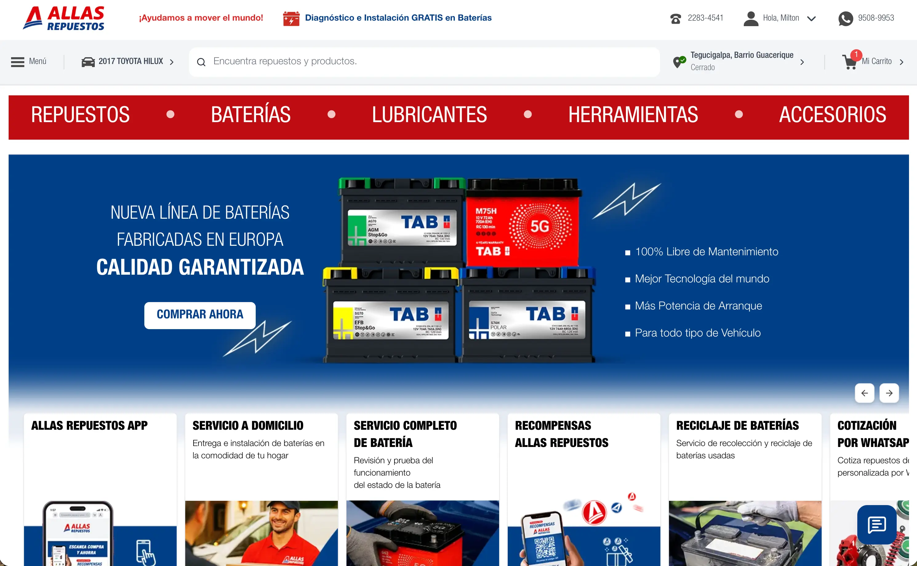 Captura 1 de Página Web de Allas Repuestos